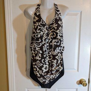 Ingear One Piece Black & Brown Floral Halter Swimsuit - size 18 NWOT